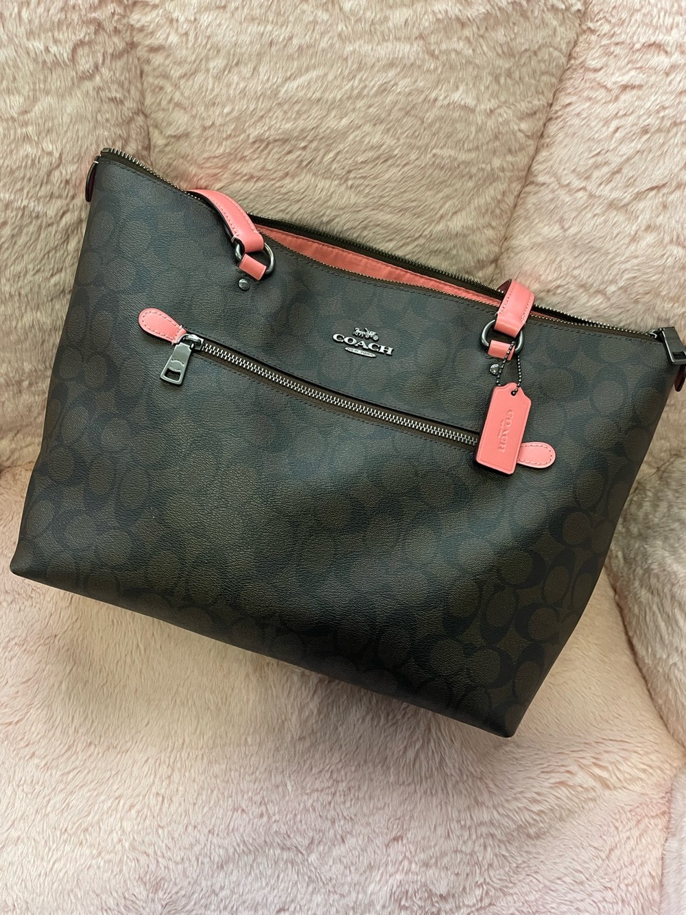Vintage Coach Brown Signature Tote with Pink Trim